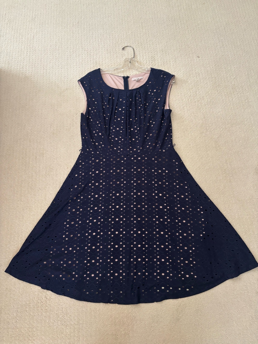 Women’s Navy Blue Eyelet A-Line Dress Zipper Back Size 14